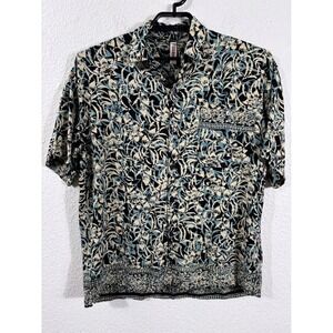 Serendipity Maui Button Down Shirt Hawaiian Large Blue Rayon Floral Short Sleeve